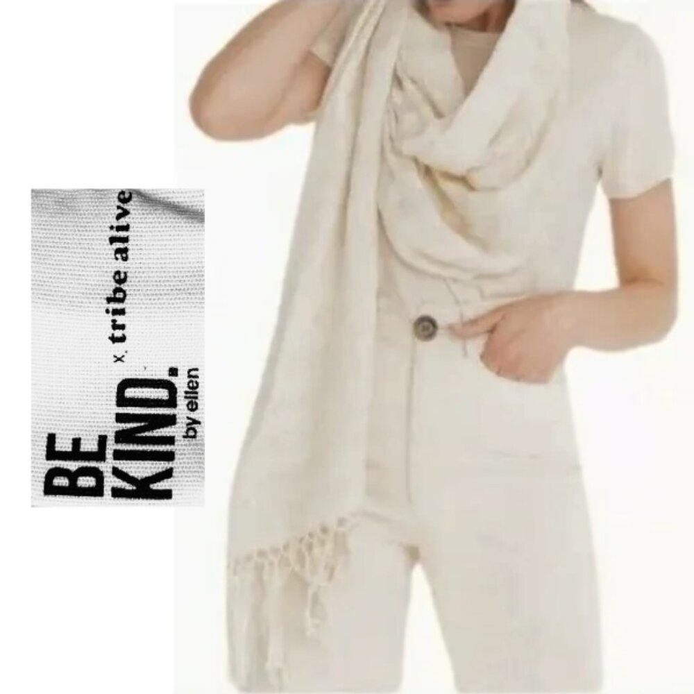 Be Kind by Ellen x Tribe Alive Handwoven Cream Scarf With Fringe